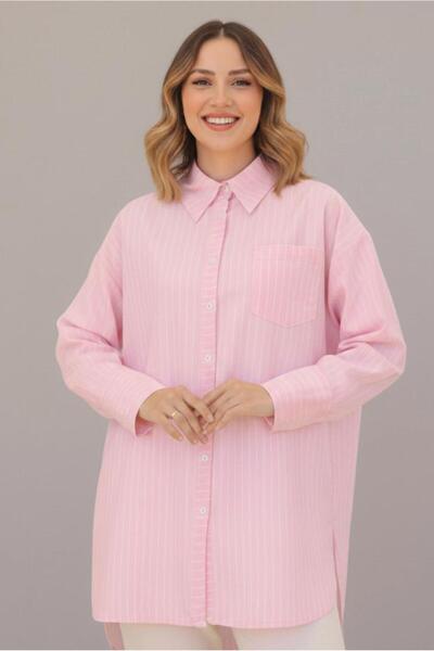 TRENDTESETTÜR KADIN PEMBE ÇİZGİLİ GÖMLEK YAKA TUNİK T 12021