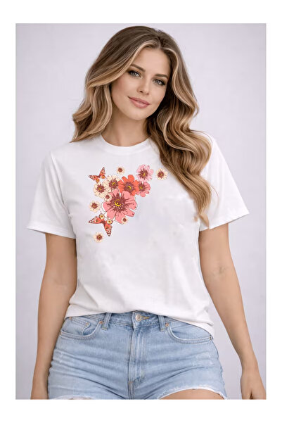 ZEMLİYA Μπλουζάκι Unisex "Pink Flowers" με τύπωμα - Μοντέρνο Στυλ