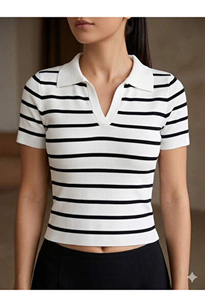 eksa tekstil Women's Striped Polo Neck T-Shirt Blouse Cropped