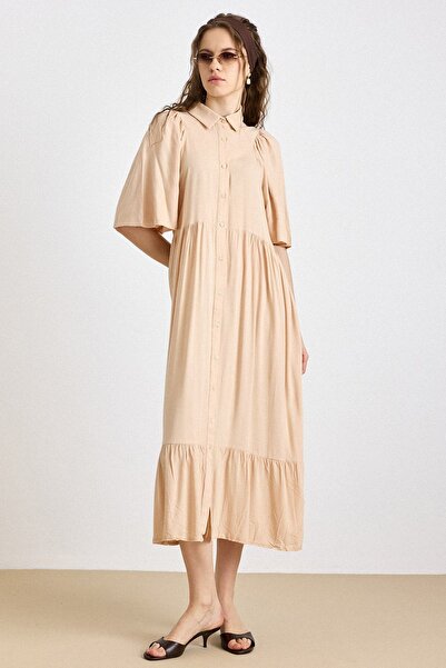 Olcay Ruched Detail Half Sleeve Soft Dress Salmon 9418-E