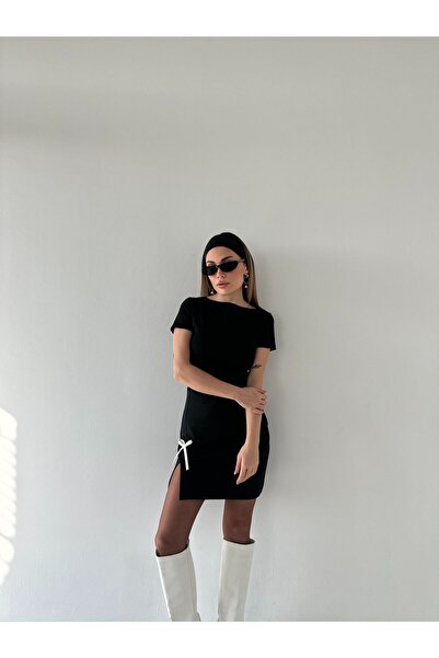 Moda Hour Fiyonklu Yırtmaçlı Kısa Kollu Mini Elbise