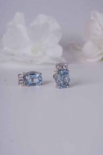 7*5 mm Blue Topaz Taşlı Gümüş Küpe