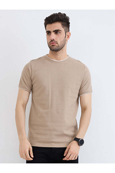 STATUS QUO Textured Regular Fit Round Neck Beige T-shirt