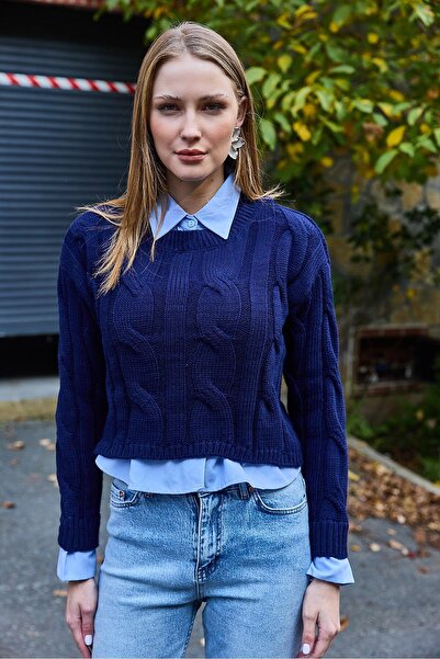 Raneel Kazançlı Alışveriş Women's Paneled Shirt Detailed Cropped Sweater Navy...
