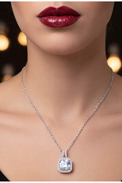 stainless steell Silver Color Square White Stone Sf Chain Steel Necklace