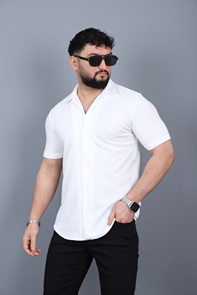 L-KOM Men's Diagonal Textured Short Sleeve Open Collar Shirt