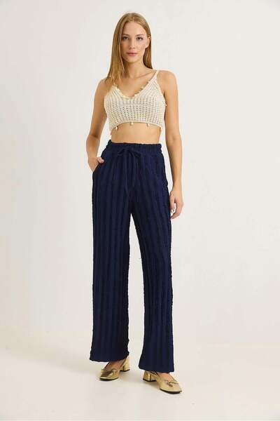 Raneel Kazançlı Alışveriş Wide Leg Pleated Belden Tie-Detail Trousers Navy Blue