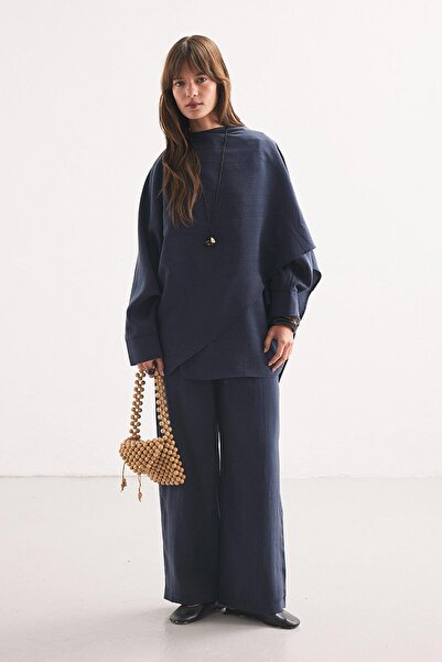 Hooopstore Bat Sleeve Cape Detailed Navy Blue Trousers Set