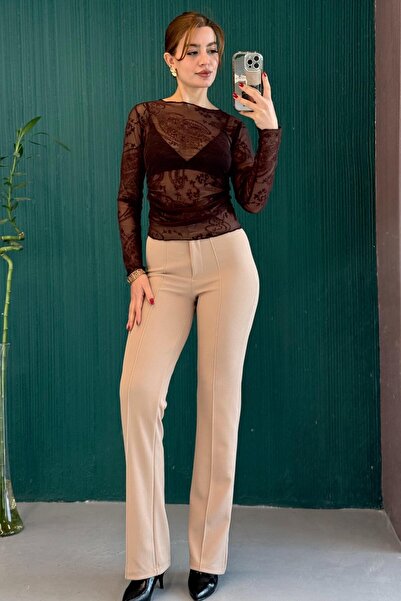 Raneel Kazançlı Alışveriş Stretch Fabric Crepe Beige Trousers with Knitted Fa...