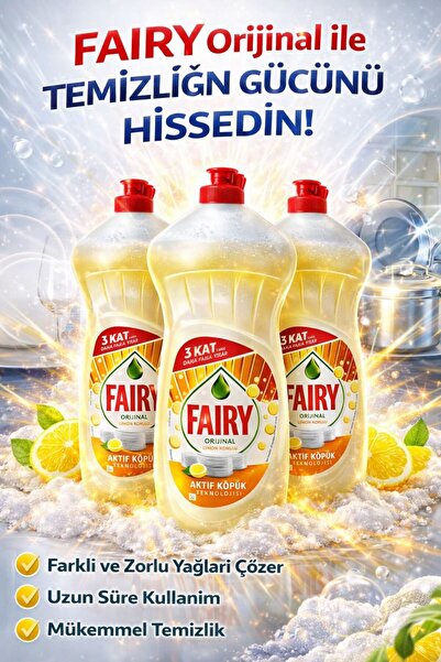 Fairy Bulaşık Deterjanı Orjinal Limon Kokulu Aktif Köpük 1500ml × 3 Adet