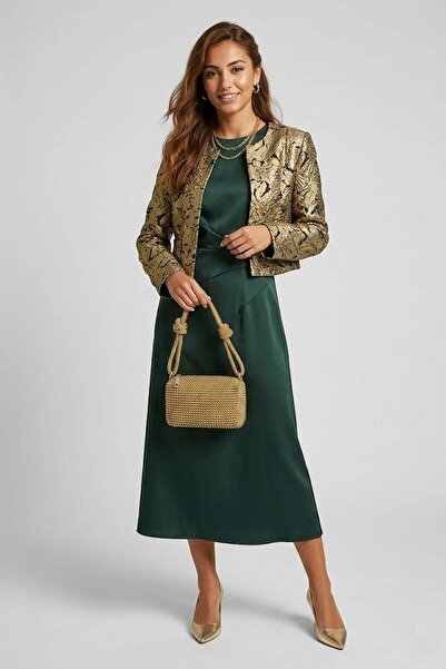 Ayakkabı Fuarı Elit PM37619 Γυναικείο Πέτρινο Βραδινό Φόρεμα Τσάντα Χρυσό