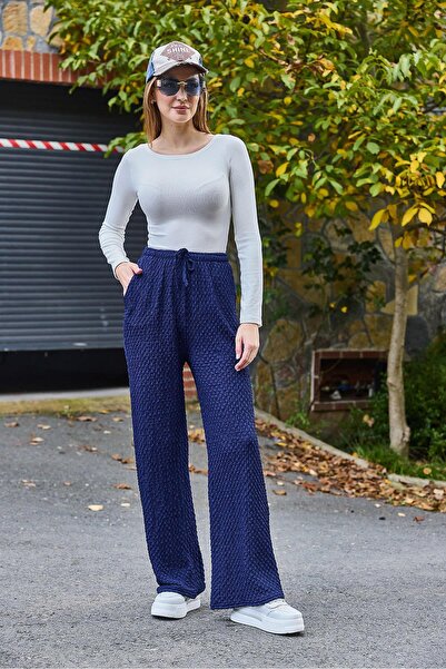 Raneel Kazançlı Alışveriş Women's Bürümcük Casual Drapey Trousers Navy Blue