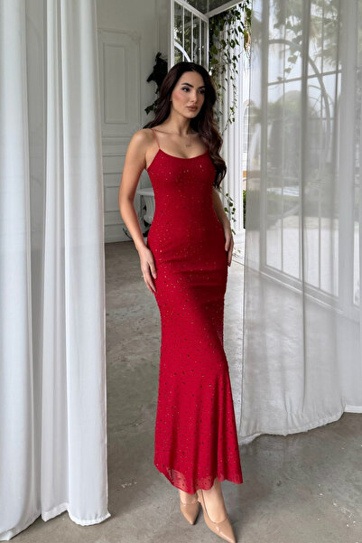 Sindimoda Sofia İp Askılı Taş Detay Maxi Elbise 9365