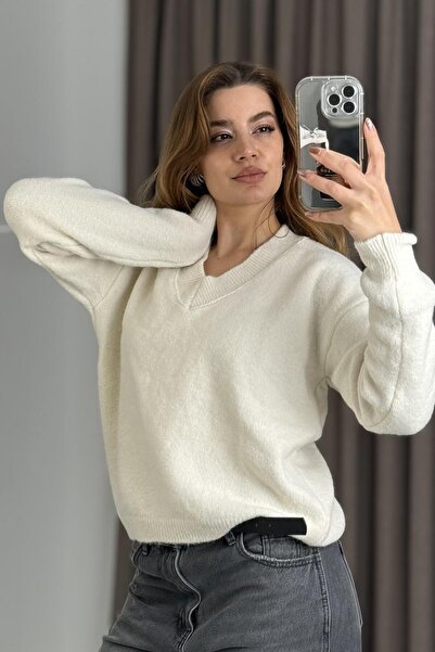 Raneel Kazançlı Alışveriş Women's V-Neck Fine Knit Stylish Sweater Beige