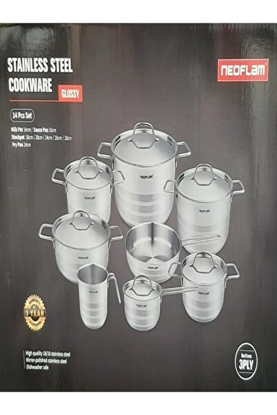 NEOFLAM ,S.S Cooking Set14Pcs(18,20,24,26,28cm pots w.lid+MilkPot14cm+Saucepan16Cm+Fry pan24cm)Glossy
