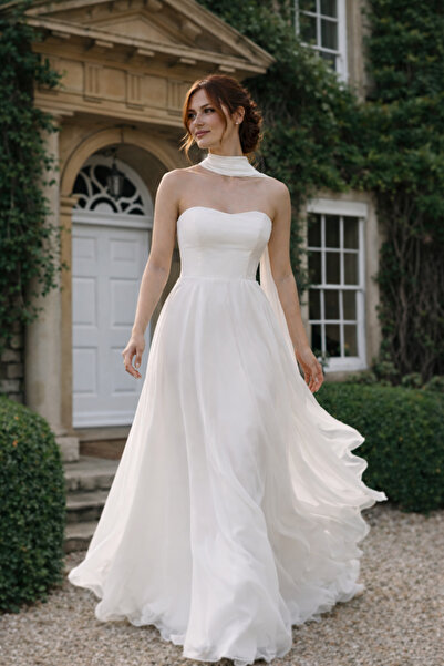 Elorya Bloom Straplez Şal Detaylı Nikah Elbisesi, Kırık Beyaz, Kloş Şifon Ete...