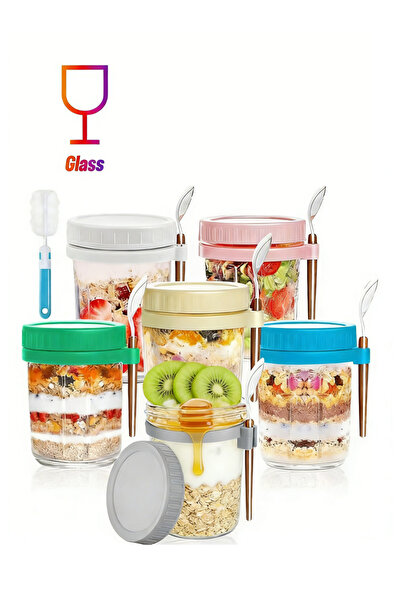 Yoawllty طقم مرطبان شوفان ليلي مكون من 6 قطع مع ملعقة وأغطية. [350 مل]