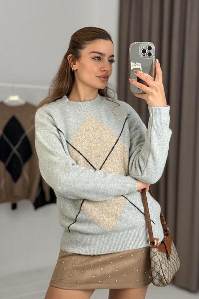Raneel Kazançlı Alışveriş Women's Diamond Pattern Crew Neck Knitwear Sweater ...