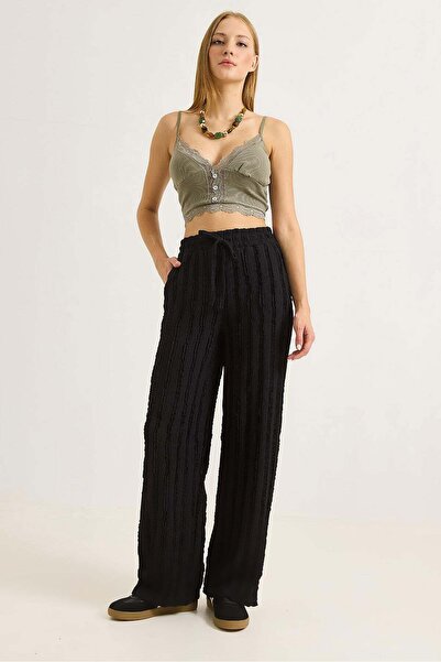 Raneel Kazançlı Alışveriş Wide Leg Pleated Belden Tie-Detail Trousers Black