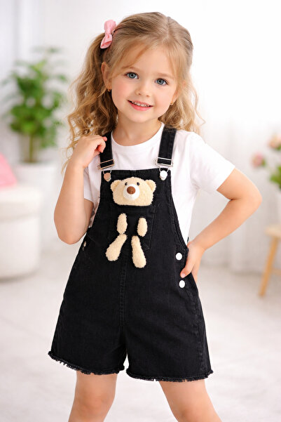 Babexi Ayıcıklı Kot Şort Slopet Açık Siyah Unisex Tulum