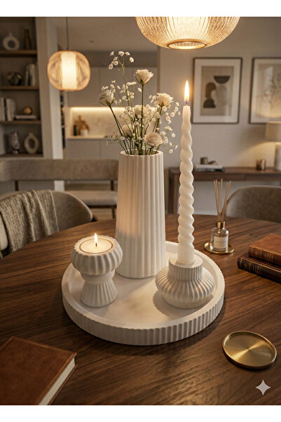 M&C Concept Çizgili Vazo & Çizgili Şamdanlı Dekoratif Tepsi Seti – 4’lü Moder...