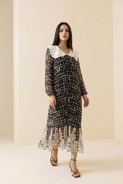 Setre Kahve-Ekru Yaka Detaylı Uzun Kollu Desenli Midi Elbise