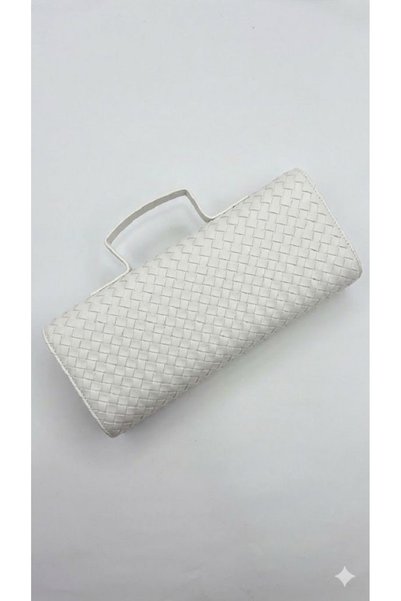 By EDUU Beyaz Örgü Desenli Kadın El Ve Omuz Çantası - Askılı Portföy Clutch Çanta