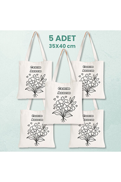 Cemira 5 Adet "Canım Annem" Boyanabilir Bez Çanta 35x40 cm - Anneler Günü Hed...