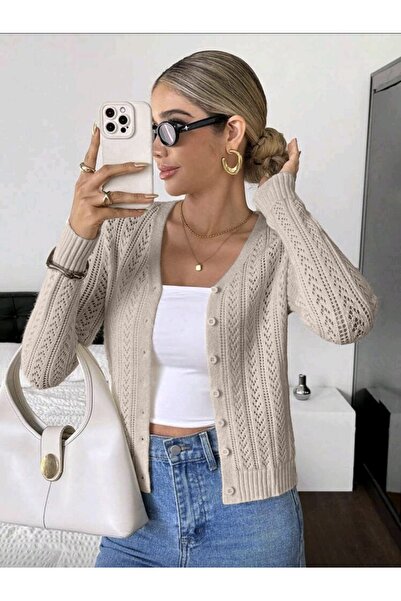 SolQ Ζακέτα με λαιμόκοψη V 100% πλεκτό Βαμβάκι με δαντελωτή πλέξη σχέδια και ...