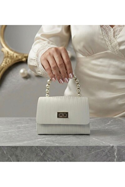 addy Beyaz Çizgili Desenli İncili Gold Zincir Askılı Portföy Omuz Ve El Çanta...