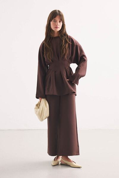 Hooopstore Pile Detailed Blouse and Warm Coffee Pants Set