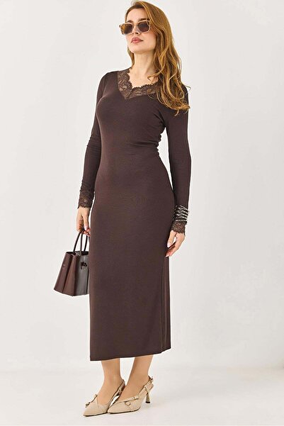 Raneel Kazançlı Alışveriş Lace collar Cashmere fabric long dress brown