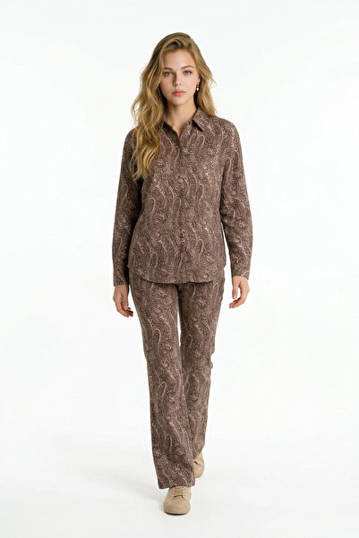 LEVURE Şal Desenli Oversize Gömlek KAHVE