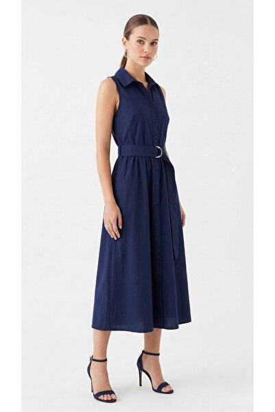 BUSEM حذاء نسائي باللون الأزرق الداكن/الأسود مشبك معدني قطعة كتان موديل فستان...