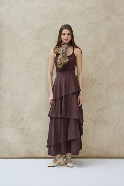 Birgül Bektaş Fustă maro Olia cu două straturi cu volane