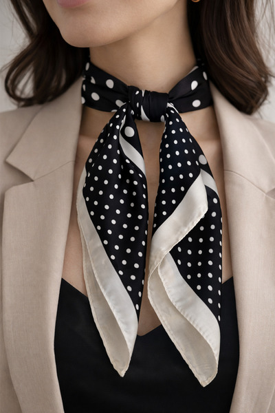 Modex Eșarfă din satin, alb-negru, cu buline bucăți, mătase i (70*70cm)