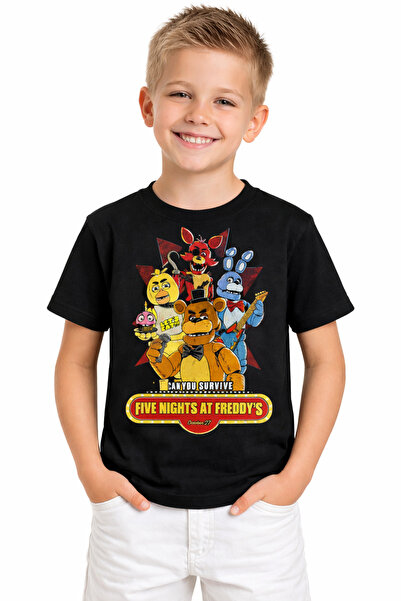 Erkek Çocuk FNAF Baskılı Siyah Tişört Pamuklu Kısa Kollu Çocuk Tişört