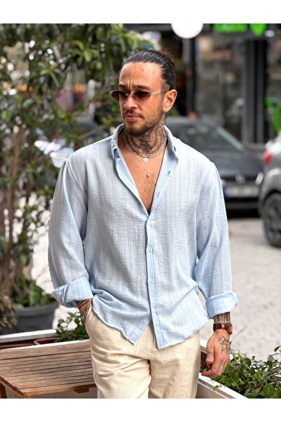 manch collection Kendinden Patterned Oversized Göbiş Shirt Blue