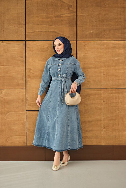 LOCCO Women's Gold Half Button Detailed Waist Tie-Detail Denim Dress Ice Blue