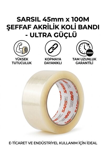 SARSİL 45 mm x 100 Metre Şeffaf Koli Bandı - Ultra Güçlü Yapışkanlı Endüstriy...