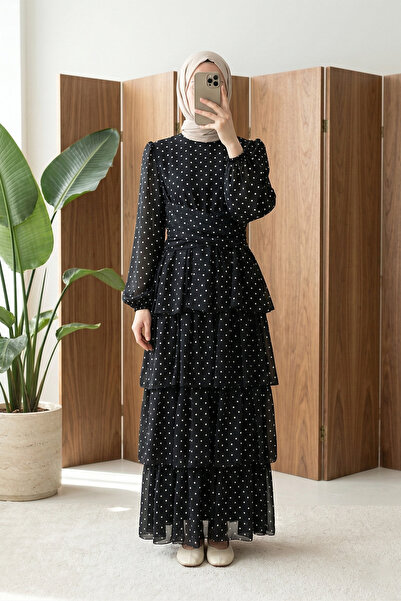 MODAQU Four Layered Skirt Crossed Tie-Detail Lined Polka Dot Layered Chiffon ...