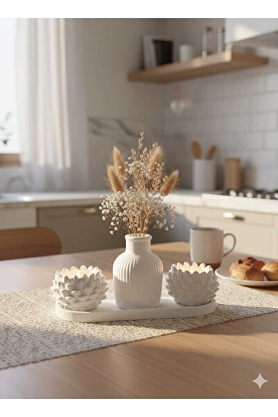 M&C Concept El Yapımı Taş Tozu 4’lü Dekoratif Tepsi, Çizgili Vazo & Mumluk Se...