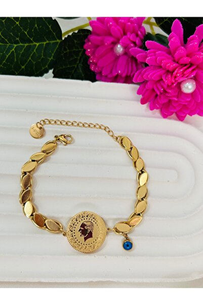 Roya Happiness Çelik Çeyrek Tuğra Pullu Zincir Bileklik Dorika Altın Renk Hed...