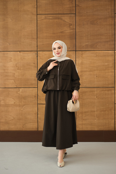 LOCCO Women's Double Pocket Look Zippered Skirt Suit Brown