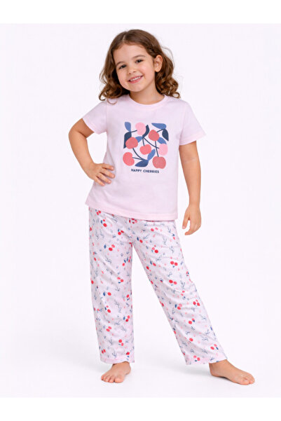 Victor and Jane Girls Cherry Print Cotton Pajama Set – T-Shirt & Full Pants N...