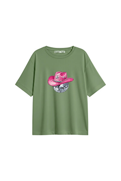 CİNEMA MODA Tricou pentru femei Cow Girl cu imprimeu, verde, croială relaxată
