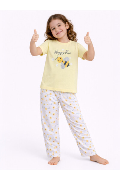 Victor and Jane طقم بيجاما قطن للبنات بنقشة النحل - تيشيرت وبنطال كامل