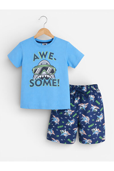 Victor and Jane Boys “Awesome” Shark Print Cotton Pajama Set – T-Shirt & Shor...