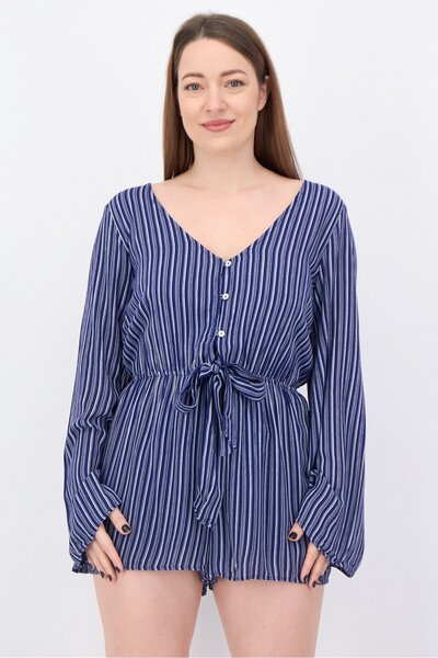 lunık Women Stripe Long Sleeve Playsuit, Navy Blue