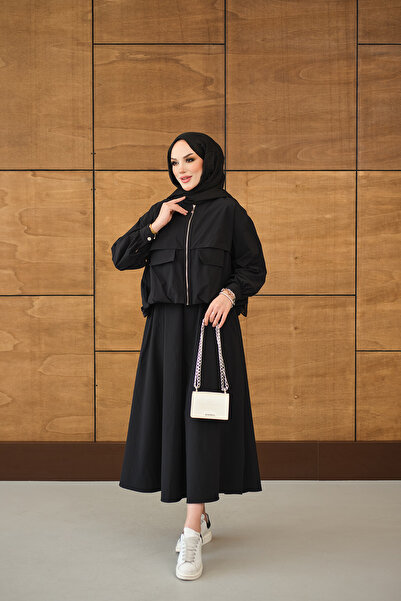 LOCCO Women's Double Pocket Look Zippered Skirt Suit Black